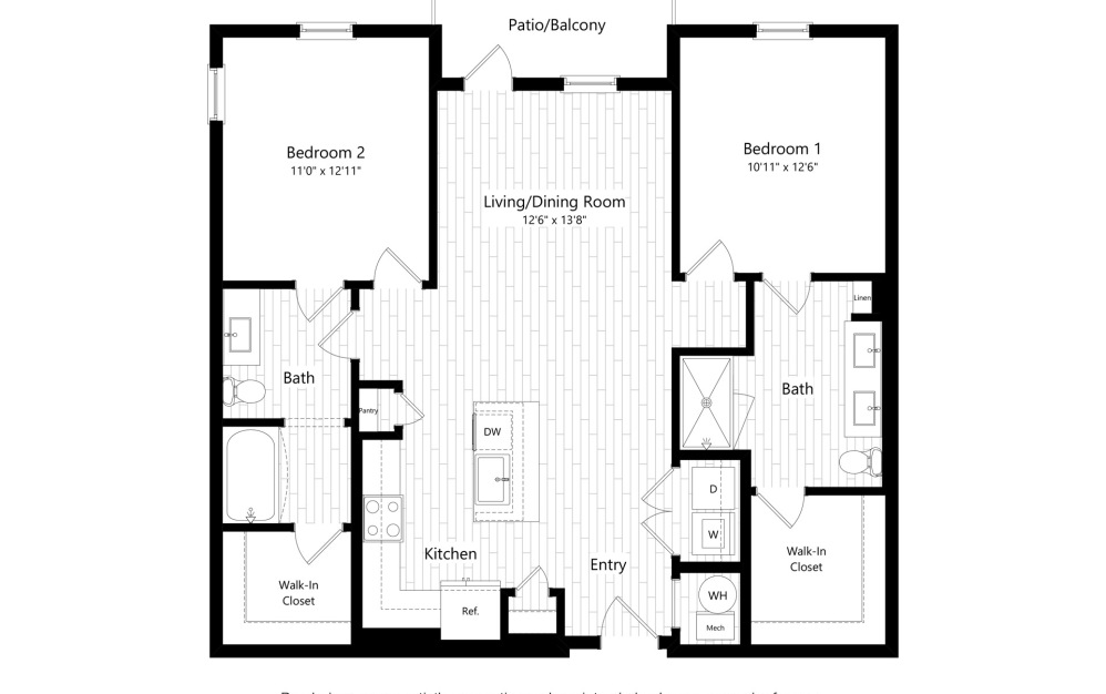 Churchill (B2) - 2 bedroom floorplan layout with 2 bathrooms and 1163 square feet (2D)