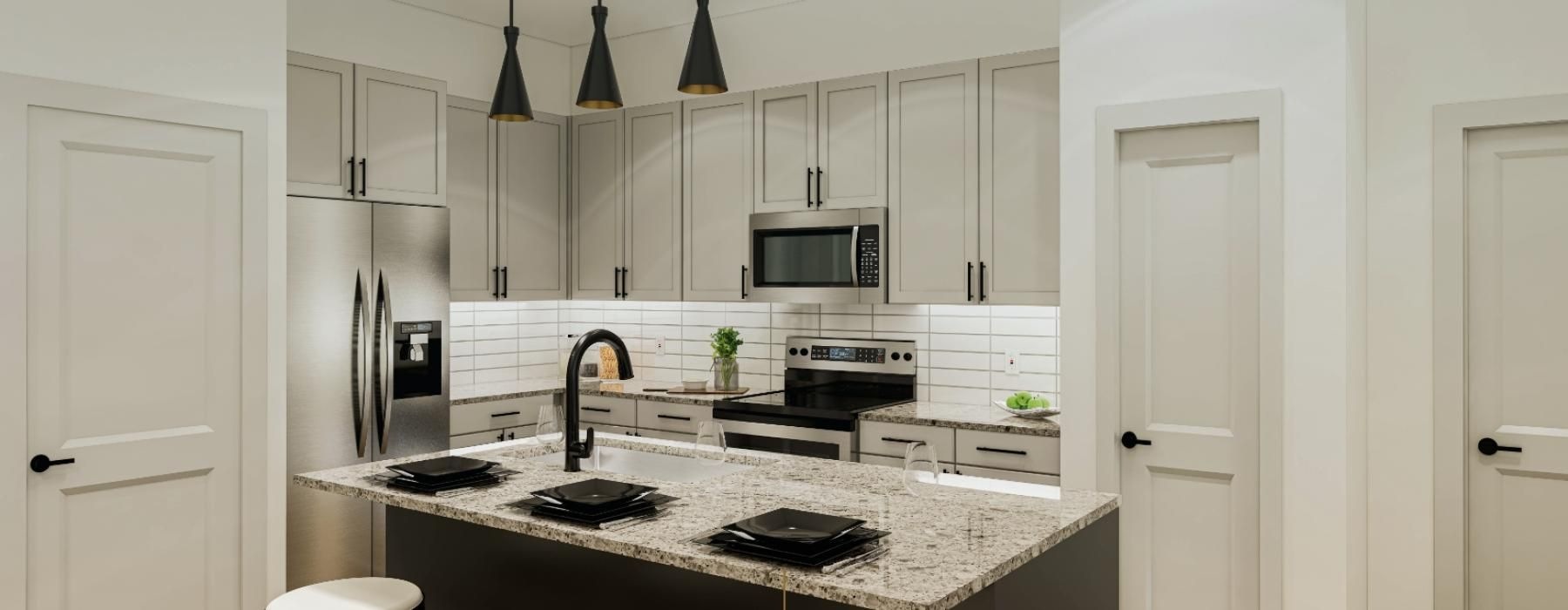 a kitchen with white cabinets